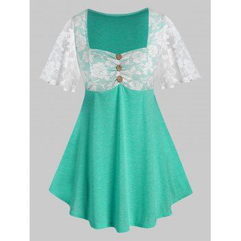 

Plus Size Lace Panel Sheer Flutter Sleeve Tunic Tee, Medium turquoise