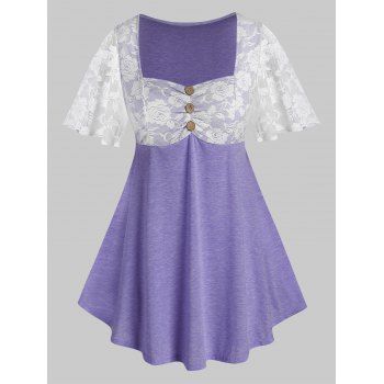 

Plus Size Lace Panel Sheer Flutter Sleeve Tunic Tee, Purple mimosa