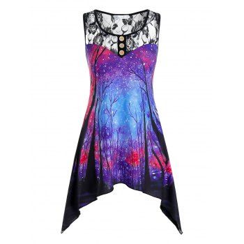 

Plus Size 3D Galaxy Tree Print Handkerchief Tank Top, Purple