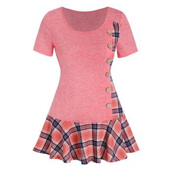 

Plaid Insert Button Skirted Short Sleeve T Shirt, Pink rose