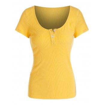 

Button Scoop Collar Solid Ribbed T-shirt, Yellow