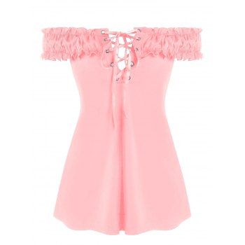 

Plus Size Off The Shoulder Ruffled Lace Up T Shirt, Pig pink