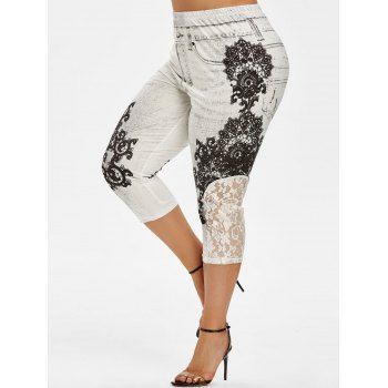 

Lace Panel 3D Printed Capri Plus Size Jeggings, White