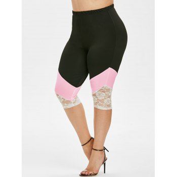 

Plus Size Lace Insert Contrast Skinny Capri Leggings, Black