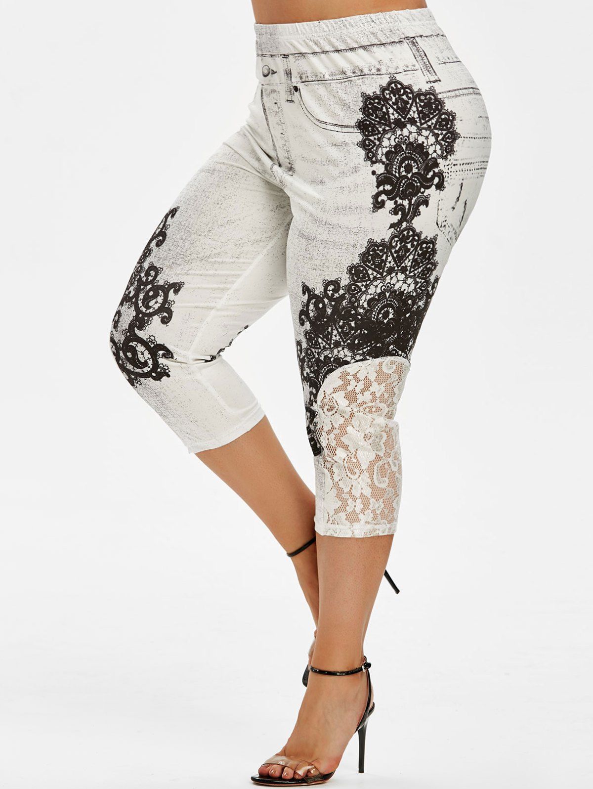 

Lace Panel 3D Printed Capri Plus Size Jeggings, White