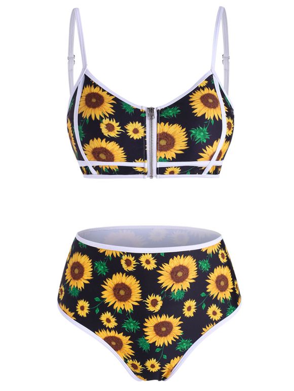 Sunflower Vacation Swimsuit Zip Up Piping High Rise Bikini Swimwear - BLACK XL
