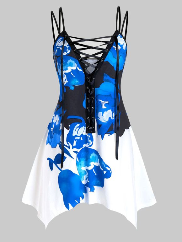 Haut Tunique Asymétrique Fleur Imprimée de Grande Taille à Lacets - Bleu 5X