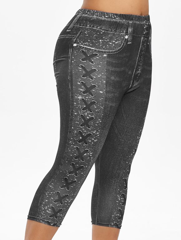 Legging Court 3D Jean Imprimé de Grande Taille à Lacets - Noir 5X