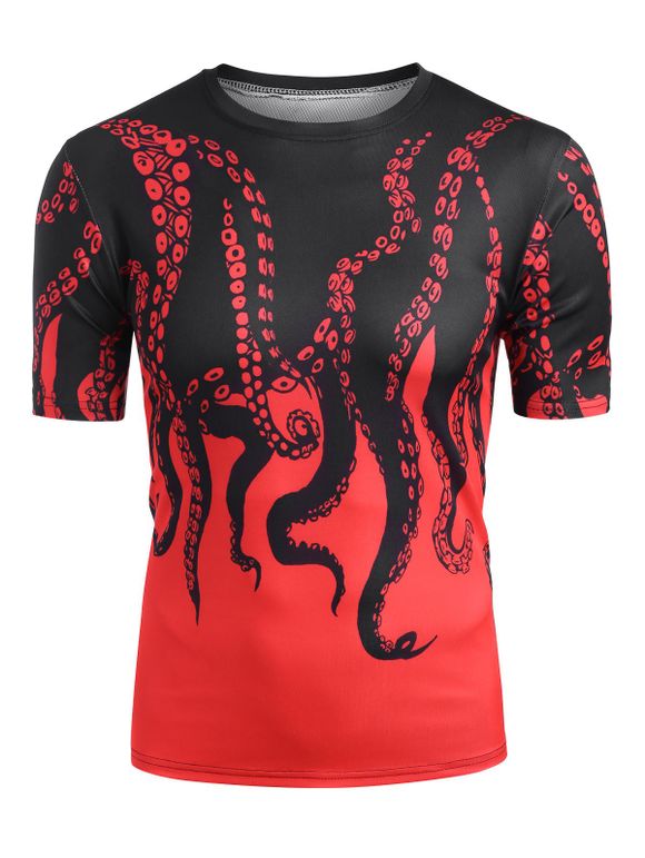 T-shirt Décontracté Pieuvre Imprimé à Manches Courtes - Rouge 4XL