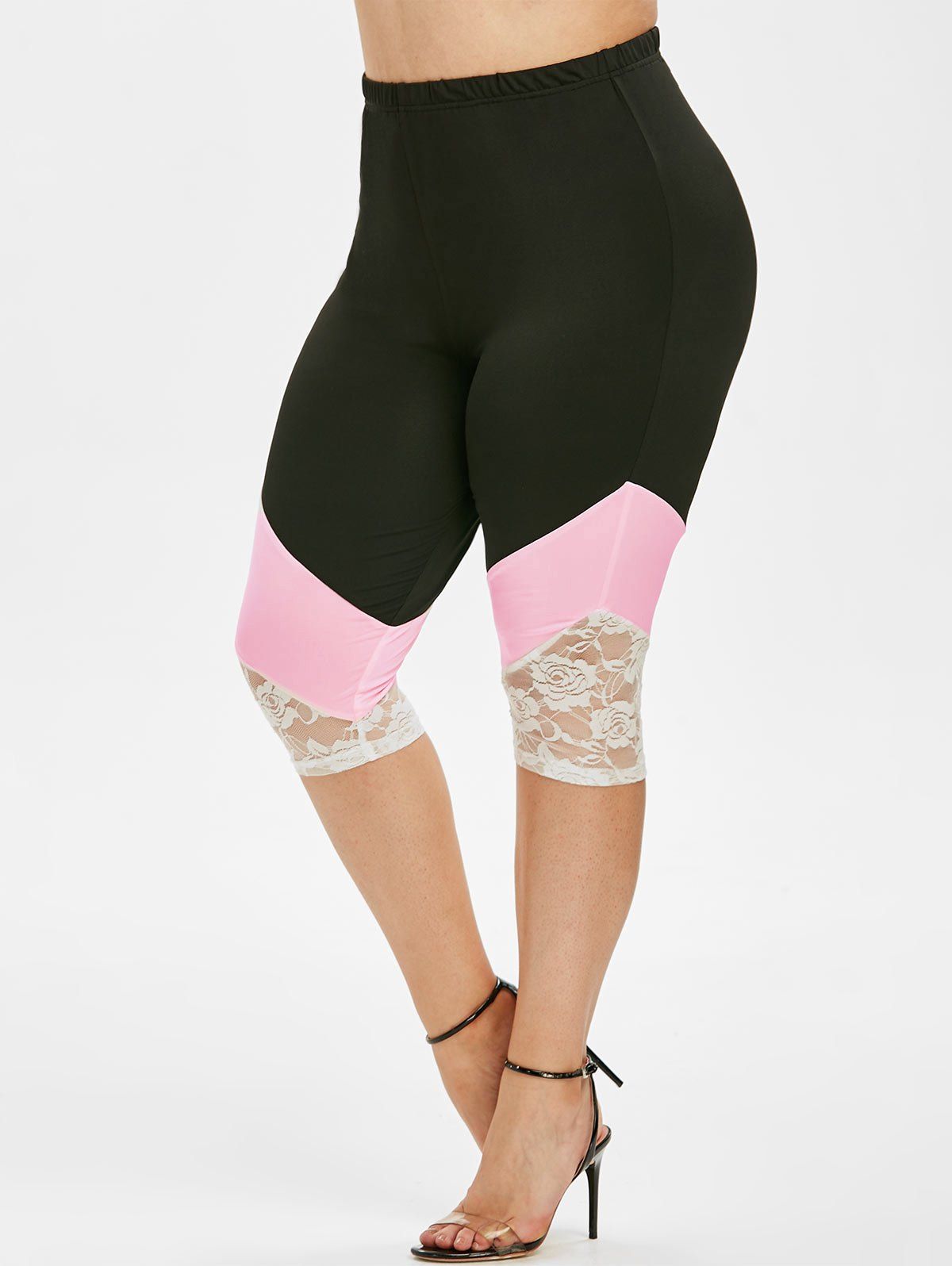 Plus Size Lace Insert Contrast Skinny Capri Leggings - BLACK 5X