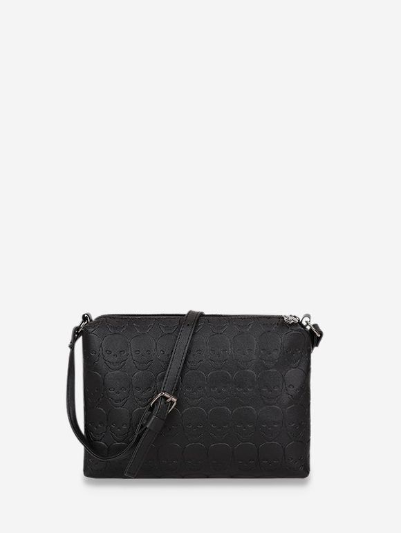 Sac à Bandoulière Crâne Gaufré en Cuir - Noir 