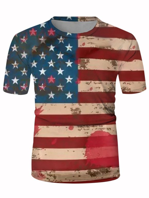 T-shirt Décontracté Rétro Drapeau Américain Imprimé à Col Rond - multicolor M