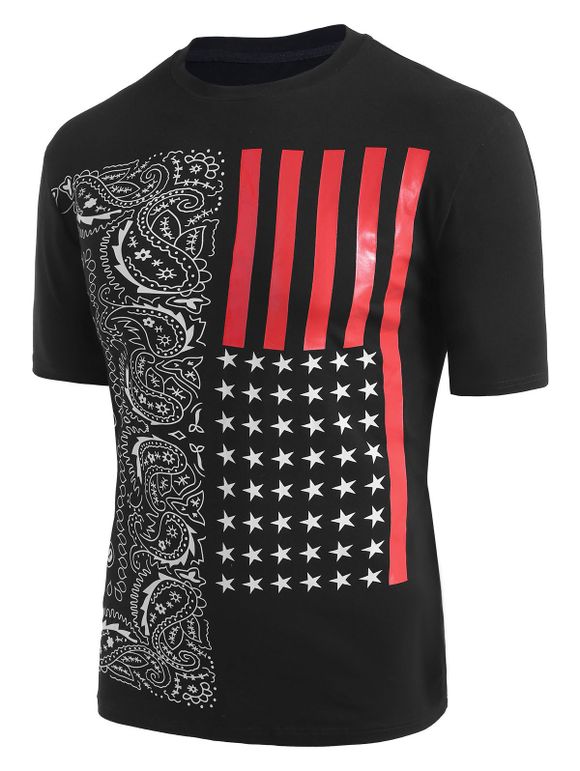 T-shirt Cachemire à Imprimé Drapeau Américain à Manches Courtes - Noir 2XL