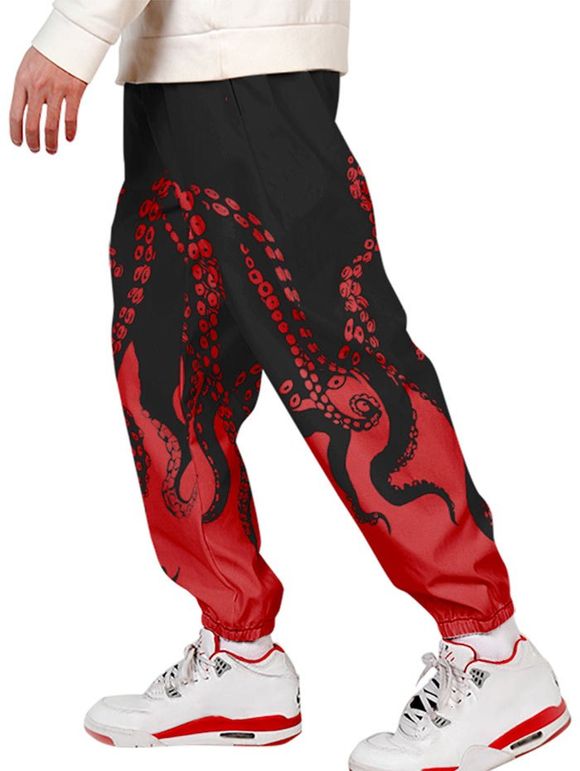 Pantalon de Jogging à Imprimé Pieuvre à Cordon - Rouge XL