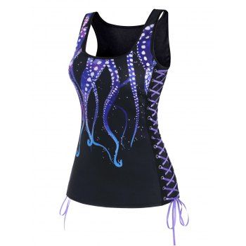 Lace Up Octopus Print Scoop Neck Tank Top