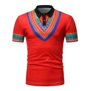 

Tribal Pattern Print Turn-down Collar T Shirt, Red