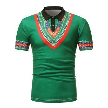 

Tribal Pattern Print Turn-down Collar T Shirt, Green