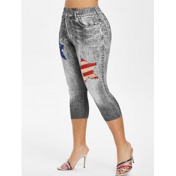 

Plus Size American Flag 3D Destroyed Jean Print Cropped Jeggings, Black