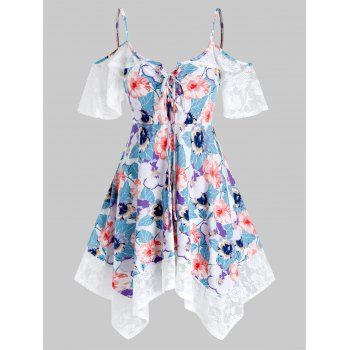 

Plus Size Lace Insert Cold Shoulder Floral Print Blouse, White
