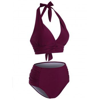

Halter Swimsuit Ruched High Waisted Plunging Neck Bikini Swimwear, Deep red