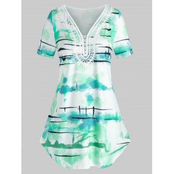 

Plus Size Tie Dye Pattern V Neck Lace T Shirt, Medium turquoise