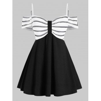 

Plus Size Striped Knit Open Shoulder A Line Tee, White