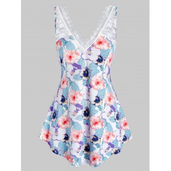 

Plus Size Flower Lace Panel Backless Tunic Tank Top, Baby blue