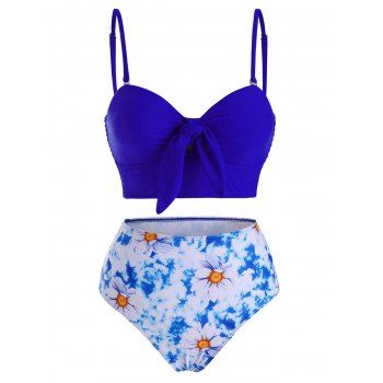 

Tie Front Smocked Floral Tie Dye Tankini Swimwear, Blue