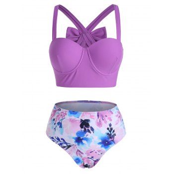 

Bowknot Back Push Up Floral Bikini Swimwear, Light purple