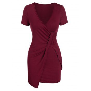 

Plunge Neck Ruched Asymmetric Sheath Dress, Red wine