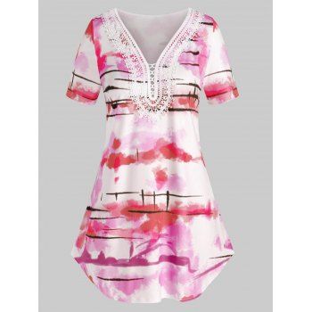 

Plus Size Tie Dye Pattern V Neck Lace T Shirt, Light pink