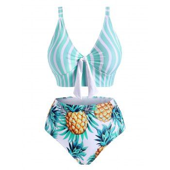 

Plus Size Vertical Striped Pineapple Tied High Waisted Tankini Swimwear, Light green