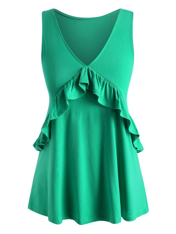 Débardeur en Couleur Unie de Grande Taille à Col V à Volants - Vert 2XL
