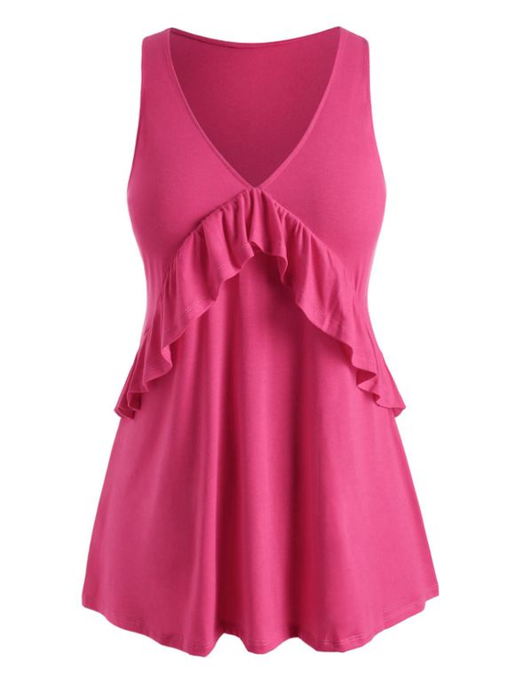 Débardeur en Couleur Unie de Grande Taille à Col V à Volants - Rose clair 2XL