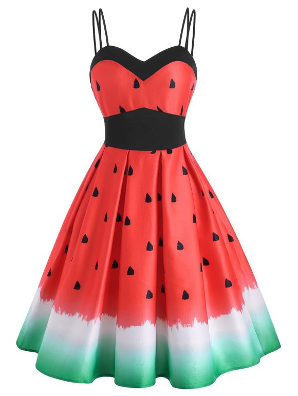Watermelon Print Empire Waist Dual Strap Dress - RED M