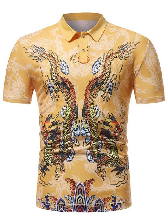 T-shirt Motif de Double Dragon Oriental - Jaune 2XL