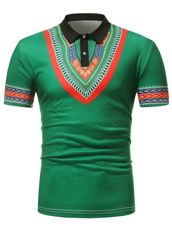Tribal Pattern Print Turn-down Collar T Shirt - GREEN XL
