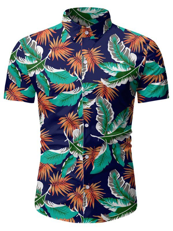 Tropical Leaf Pattern Beach Shirt - BLUE XS