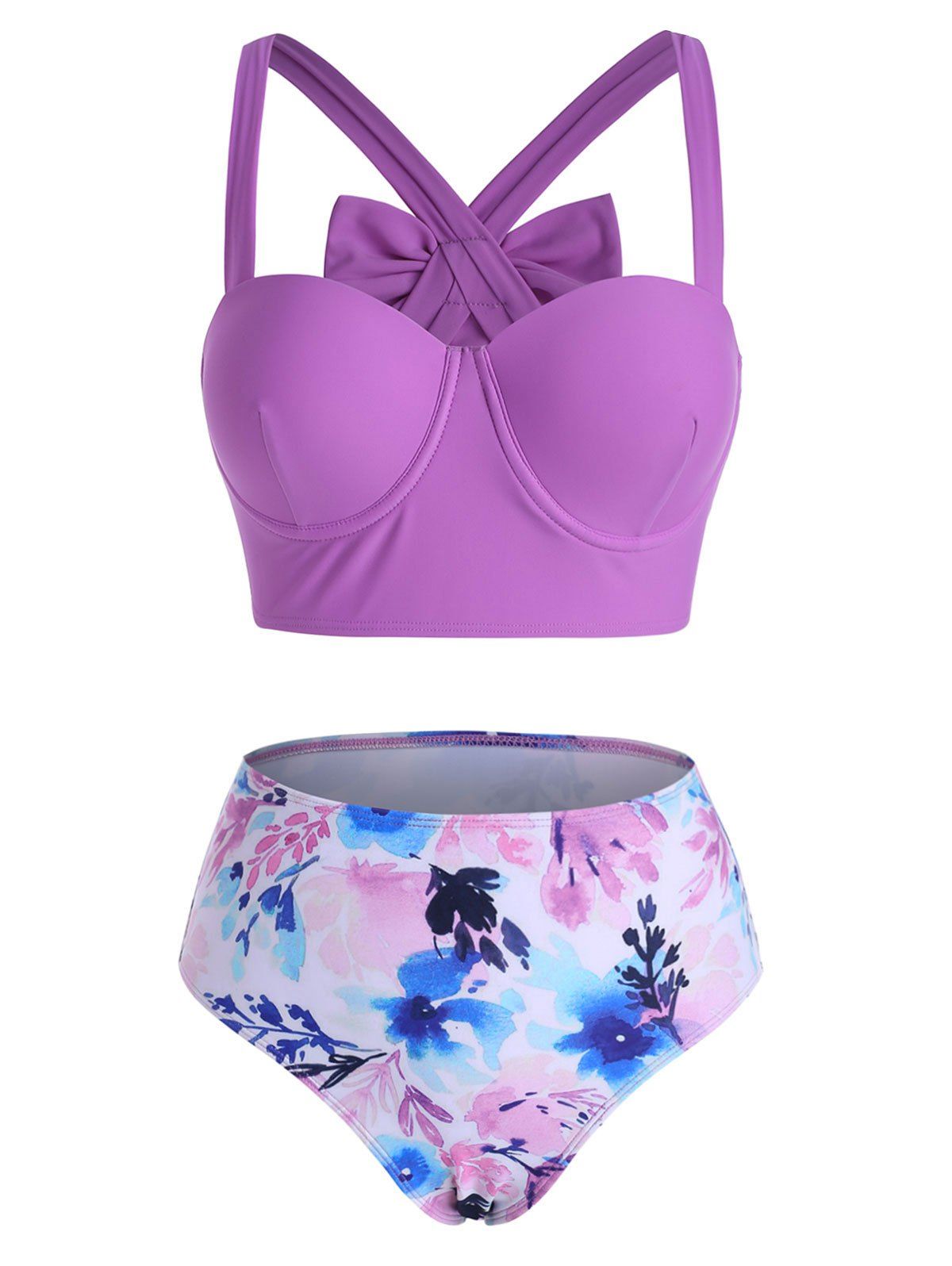 Bowknot Back Push Up Floral Bikini Swimwear - LIGHT PURPLE S