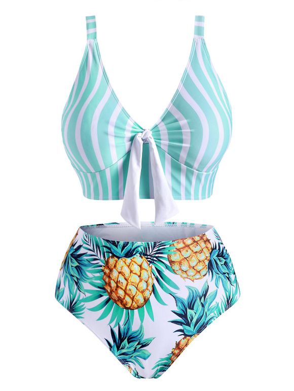 Plus Size Vertical Striped Pineapple Tied High Waisted Tankini Swimwear - LIGHT GREEN L