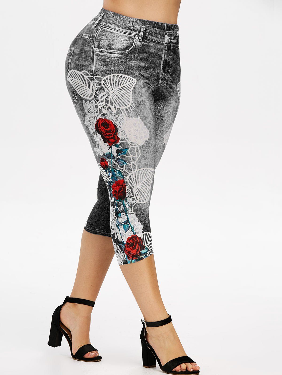 

Plus Size 3D Denim Print Floral Cropped Jeggings, Black
