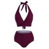 Halter Bikini Swimsuit Tummy Control Swimwear Ruched Plunging Neck High Waisted Beach Bathing Suit - DEEP RED S