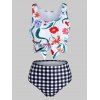 Vacation Flower Plaid Checkered Print Swimsuit Tied High Waisted Tankini Swimwear - WHITE L