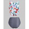 Vacation Flower Plaid Checkered Print Swimsuit Tied High Waisted Tankini Swimwear - WHITE XL