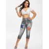 Plus Size American Flag 3D Destroyed Jean Print Cropped Jeggings - BLACK 5X