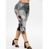Legging Court 3D Jean Imprimé Fleuri de Grande Taille - Noir 5X