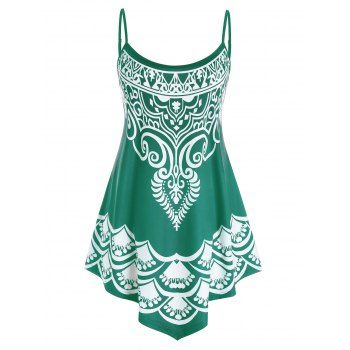 

Plus Size Asymmetric Hem Backless Print Cami Top, Deep green