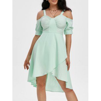 

Summer Cutout Cold Shoulder Dress High Low Pastel Color Overlap Ruched Flowy High Waisted Dress, Light green