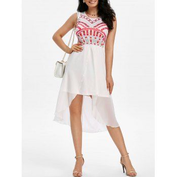 

Gem Print Slit Front Sleeveless High Low Dress, White