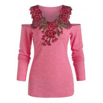 

Flower Lace Insert Cold Shoulder Heathered T-shirt, Pink